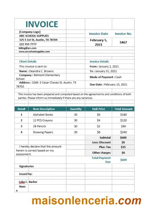 Szablon faktury zamówienia szkolnego w formatach Word i PDF
